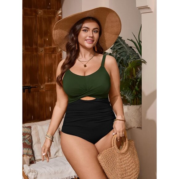 Women's Plus Size One Piece Swimsuit Bathing Suit Tummy Control Cutout Front NEW - Picture 5 of 6